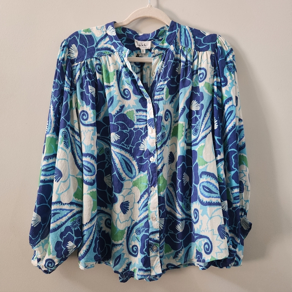 Nicole Miller Floral Paisley Blue Swing Top Blouse Button Up Size S New (C28)